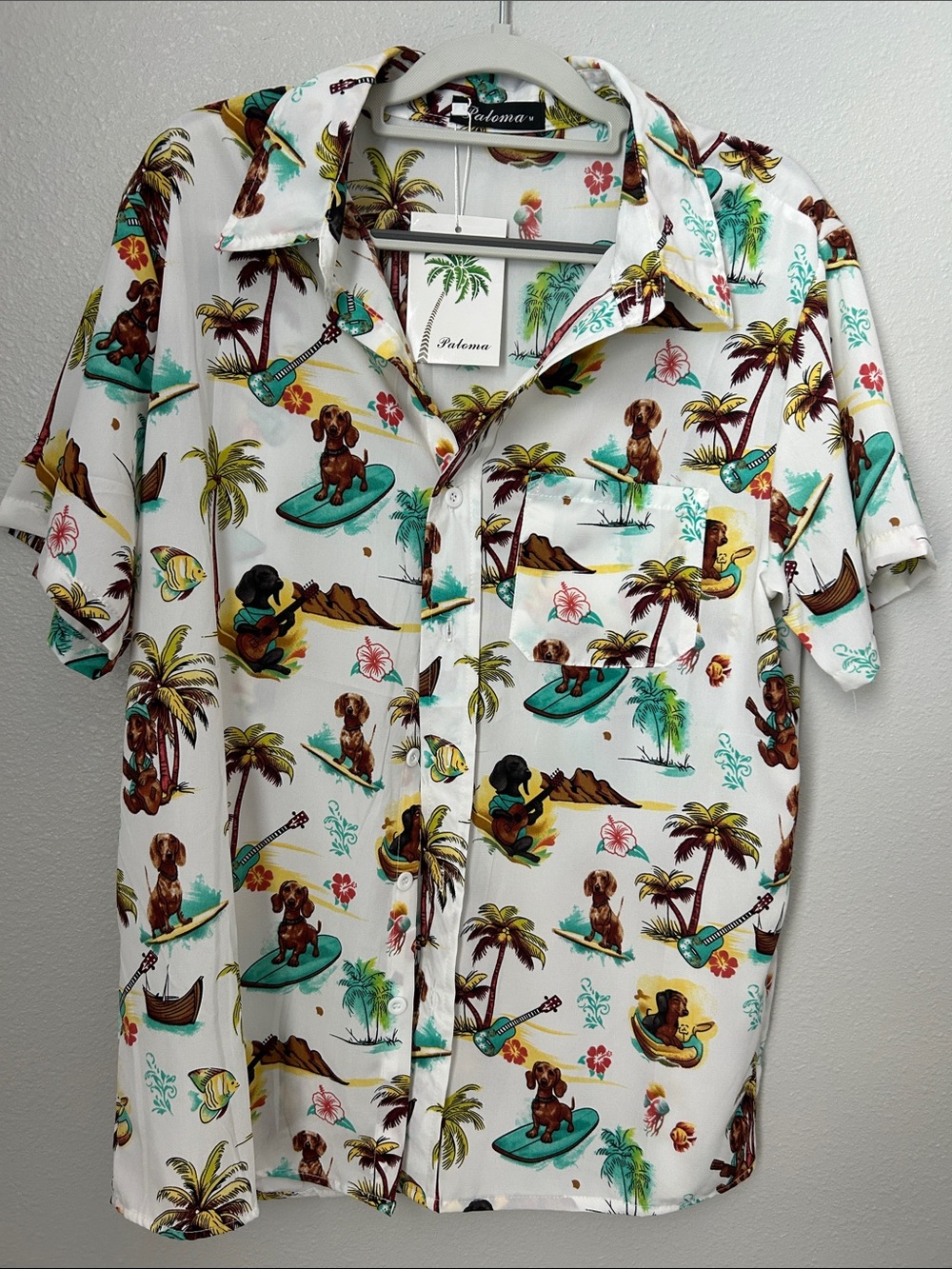Beautiful Colorful Short Sleeve Button Up Shirt with Dachshund Print